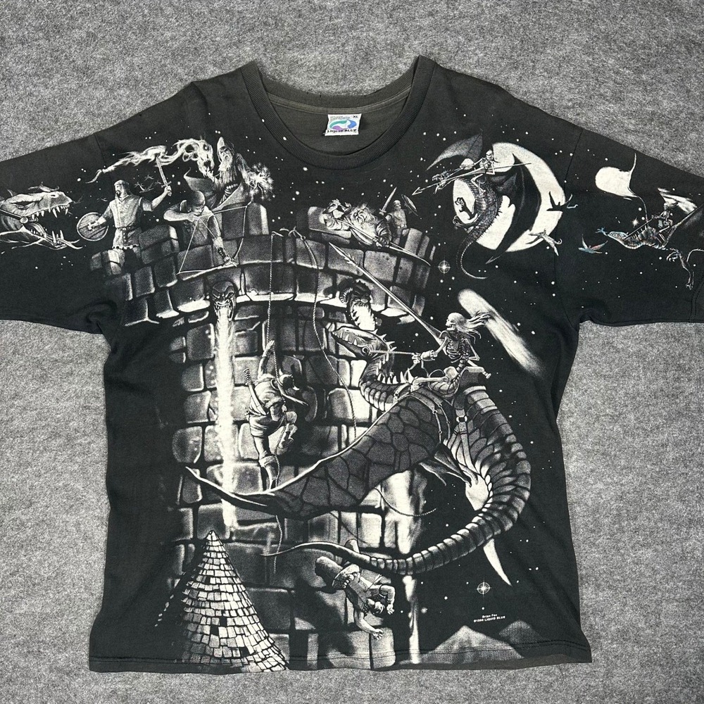 Rare Vintage 90s Liquid Blue Fantasy Dragon Knight AOP T Shirt Mens XL